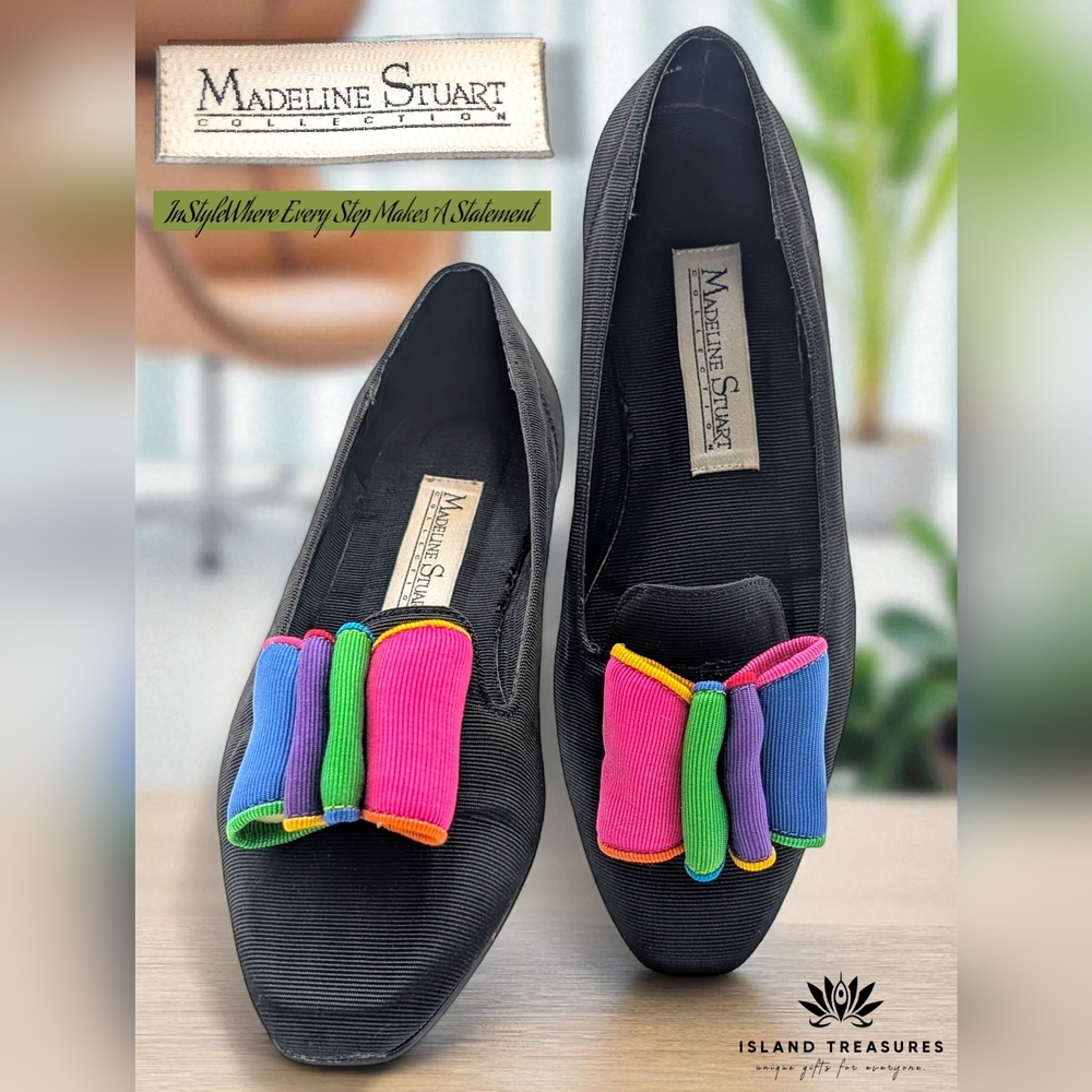 Madeline Stuart Carmen 6.5M  Black Ballerina Flats Multicolor Bow Fabric Upper